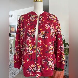 Vintage NWOT Tudor Court Floral Red Bomber Jacket Petite Medium PM Fleece SKU 24
